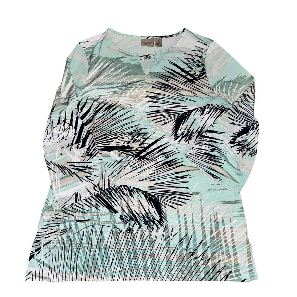 Easywear Chico's Tunic Blouse Womens Size 1 M Black Blue Leaf Pattern 3/4 Sleeve